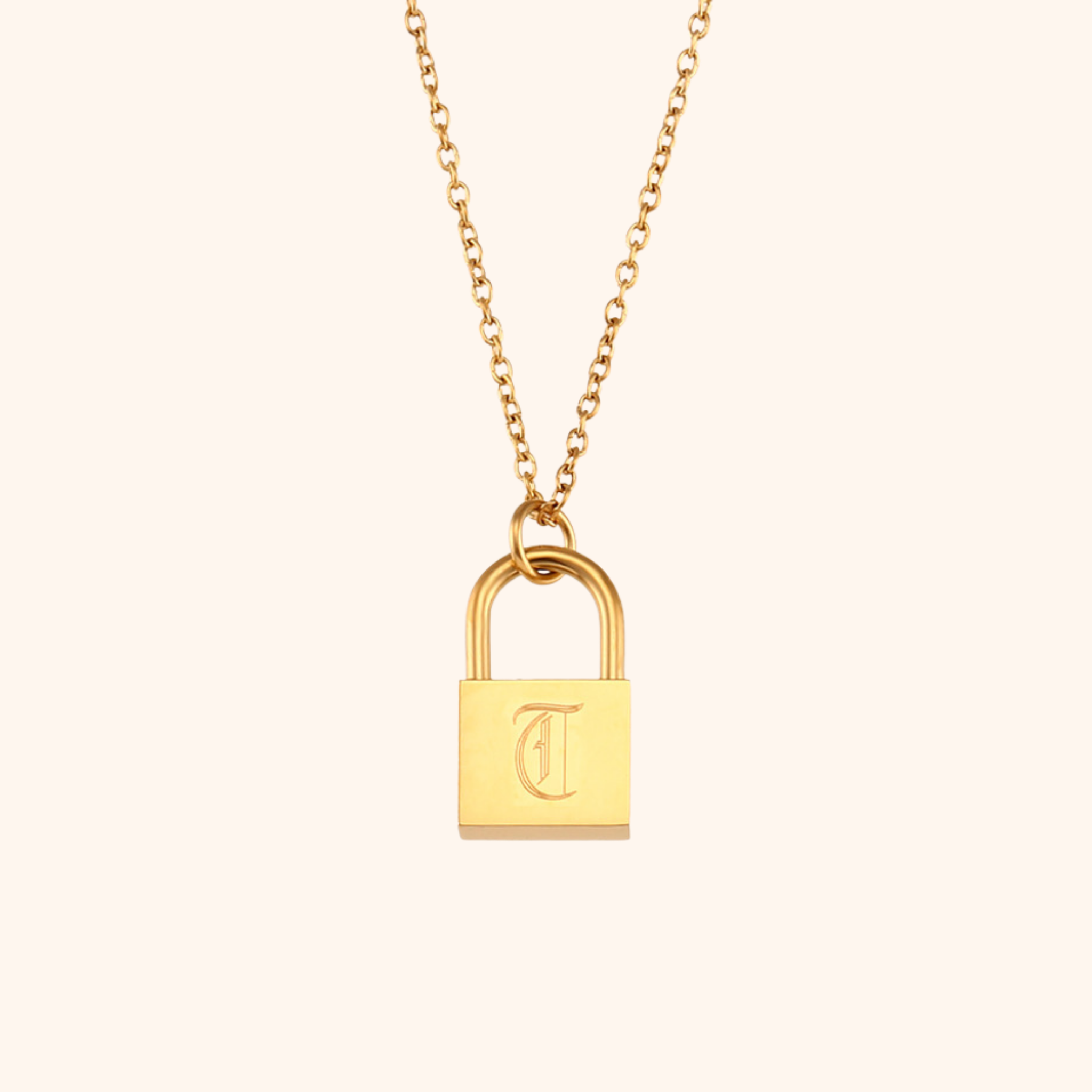 18k gold lock pendant necklace with engraved letter T